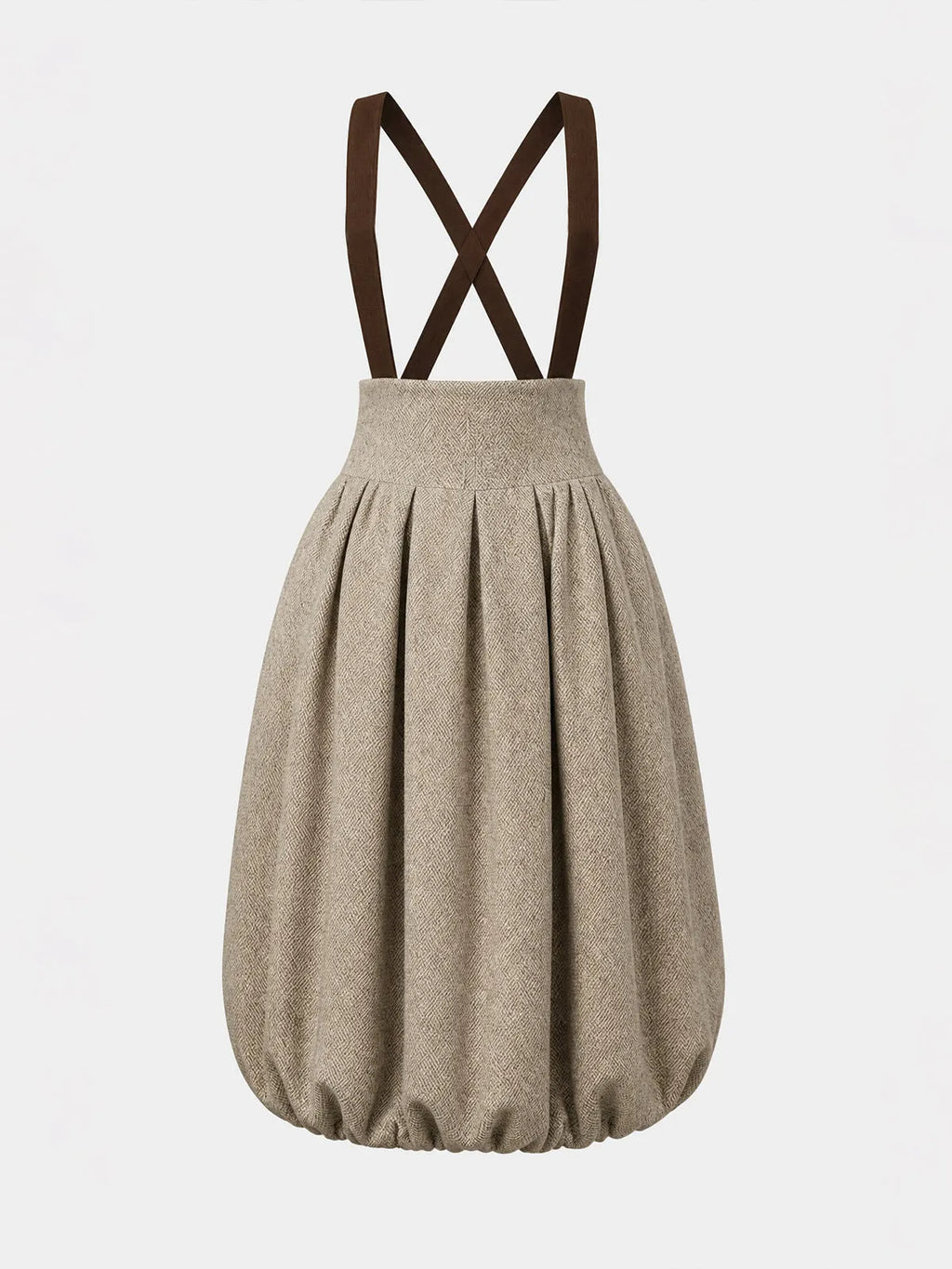 Vintage Beige High-Waist Suspender Bubble-Hem Midi Skirt
