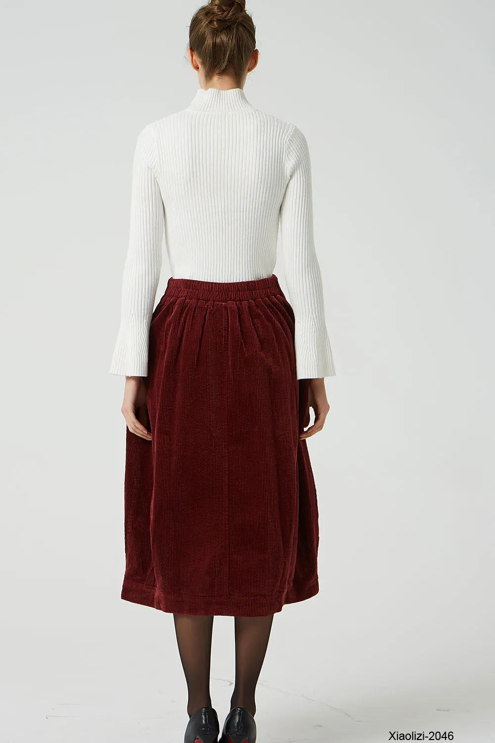 Wine Red Corduroy Bubble Skirt - Elastic Waistband, Pockets 2046