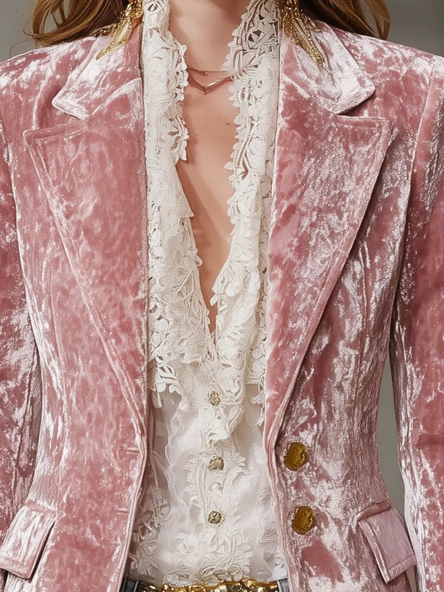 Fashion Retro Pink Velvet Gold Button Blazer