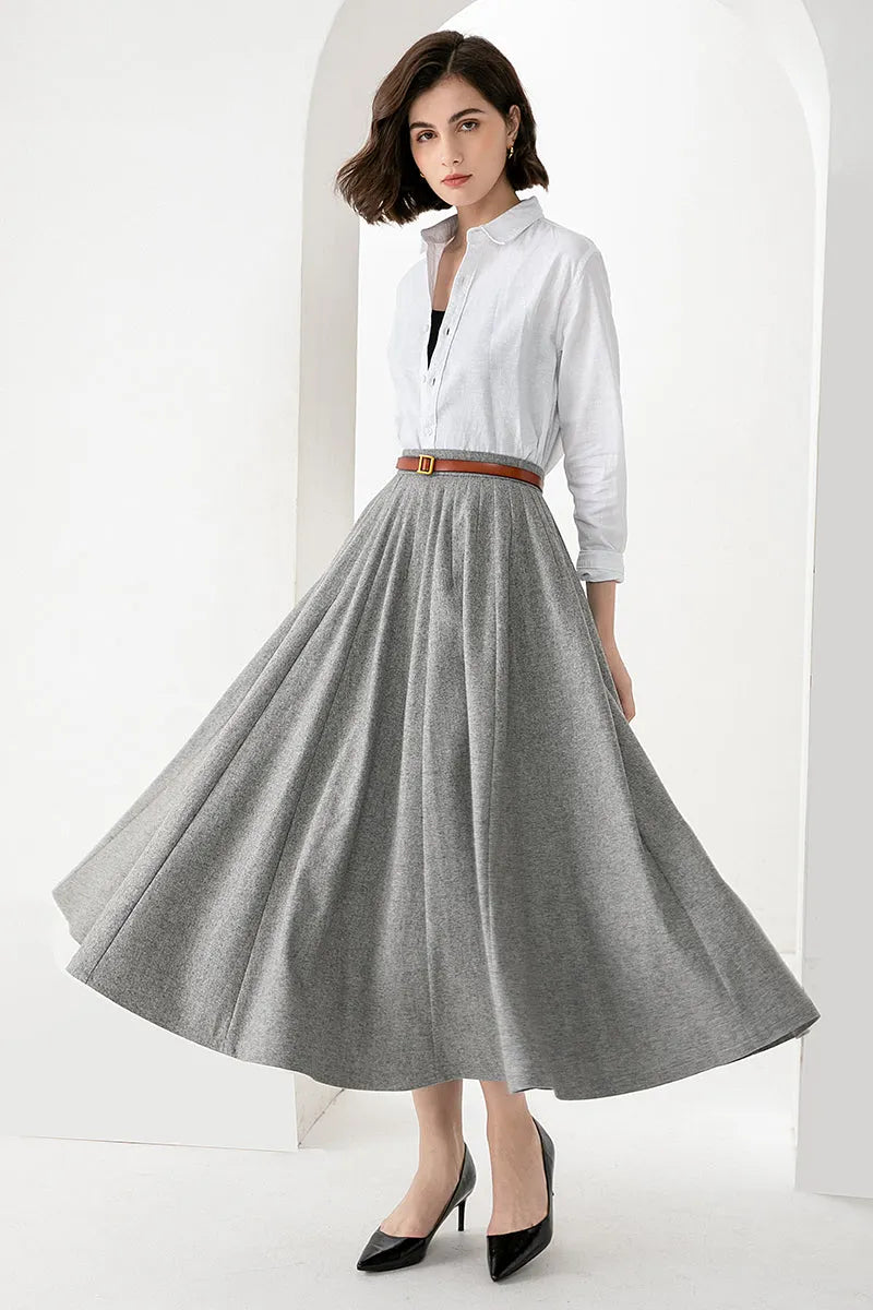 Women’s Light Gray Wool Midi Skirt – Elegant Handmade Swing Skirt 