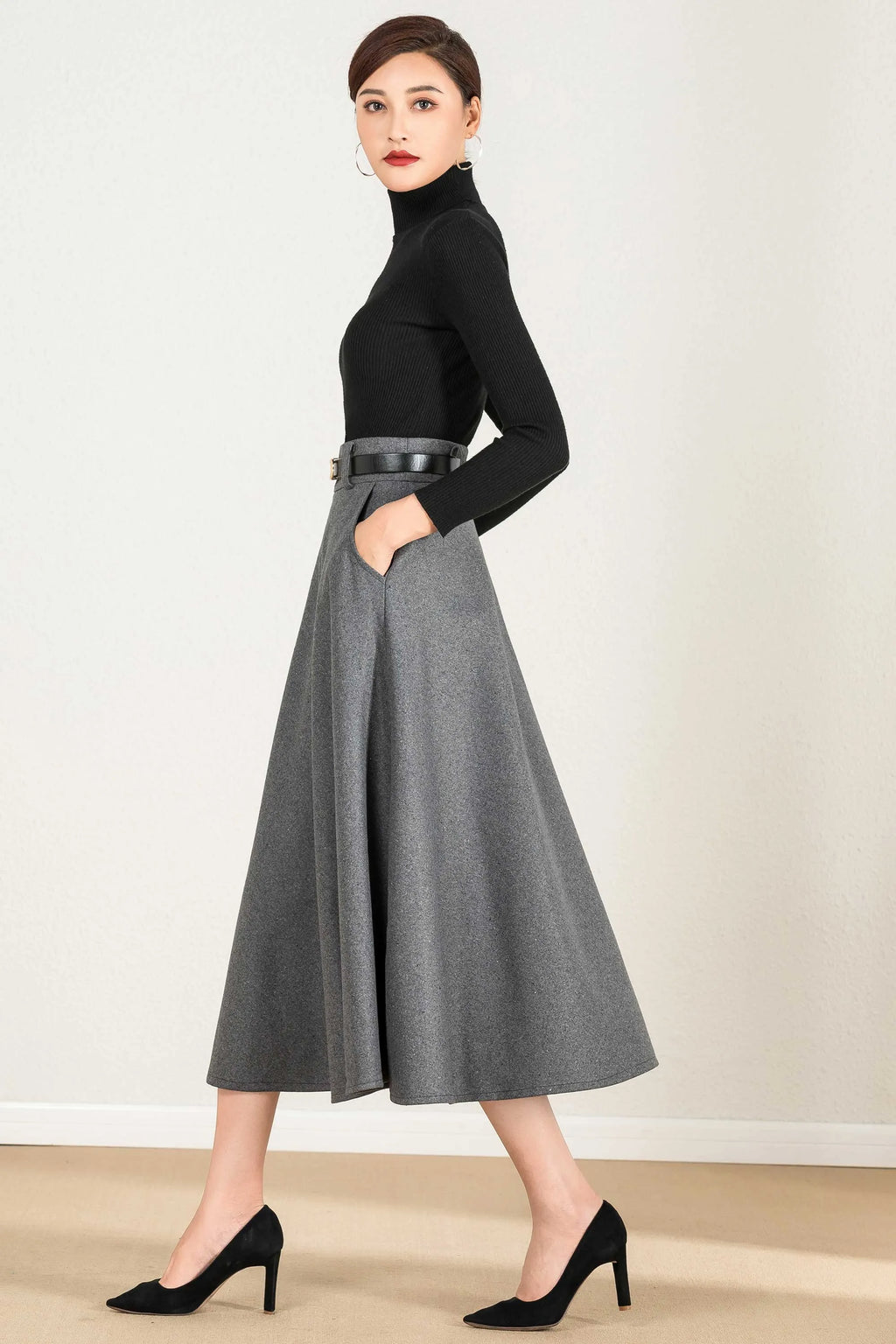 Gray Wool A-Line Maxi Skirt - Elegant Flowy Silhouette 2428