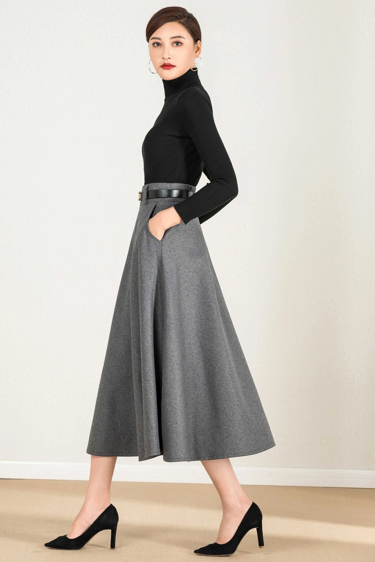 Gray Wool A-Line Maxi Skirt - Elegant Flowy Silhouette 2428