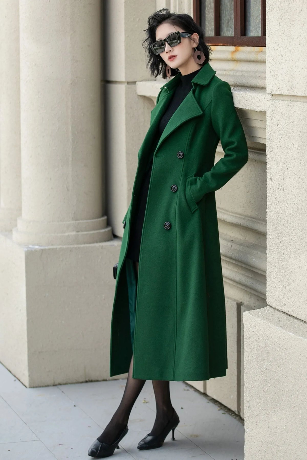 Green Wool Midi Coat - Double Breasted Tailored Fit 5349