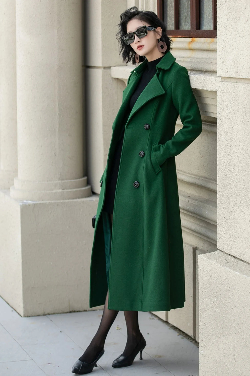 Double Breasted Wool Coat – Elegant Green Winter Overcoat for Women 6298