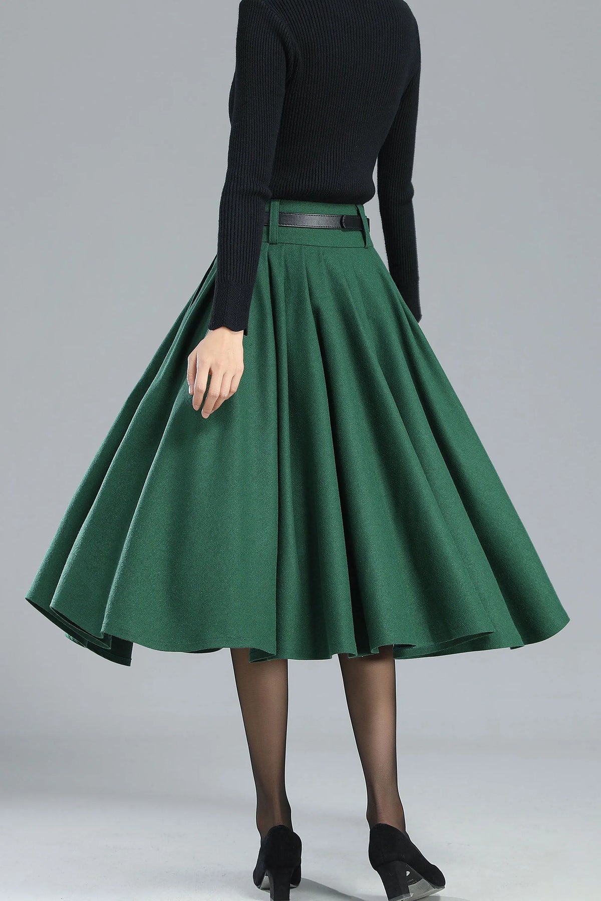 Green Wool Midi Skirt – Vintage High Waist A-Line Winter Skirt 3249