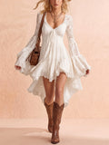 Western Dress — Champagne Sand Asymmetrical High-Low Lace Dress Mini Dress
