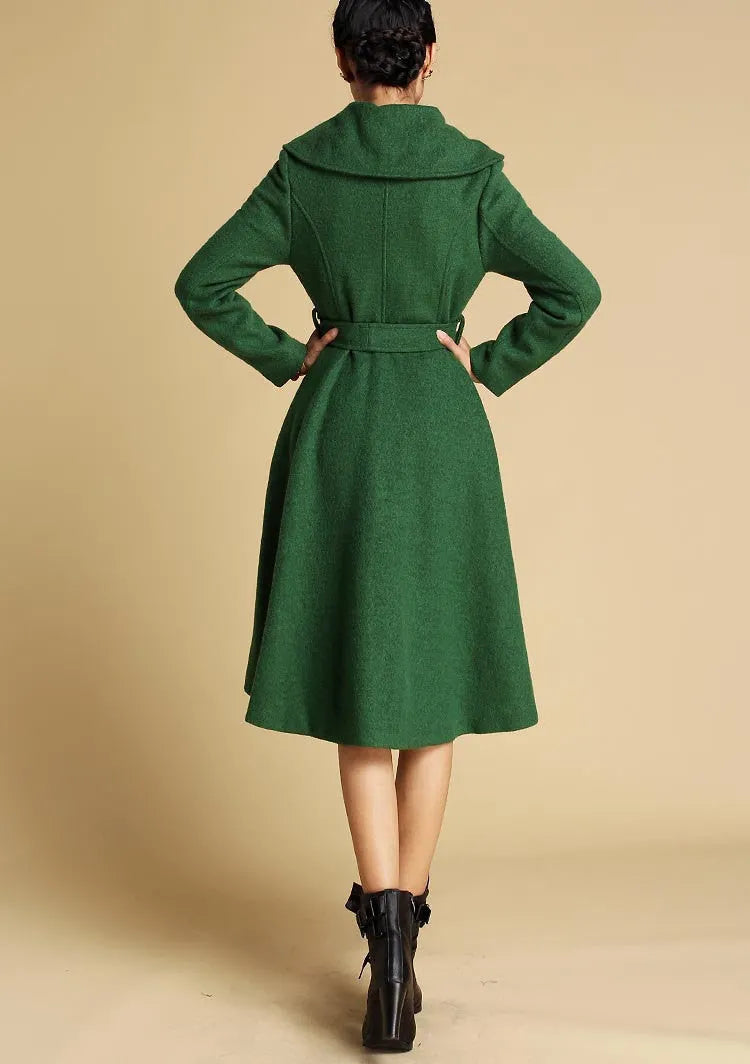 Wool Coat Dress – Vintage Fit and Flare Winter Overcoat with Belt 0336