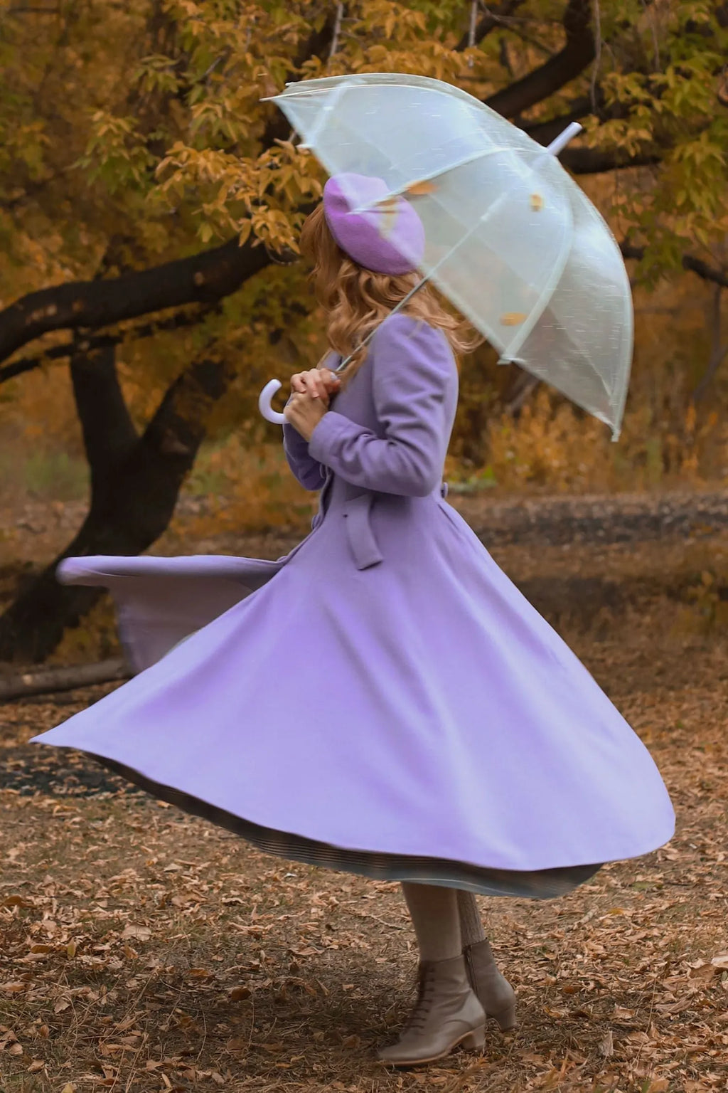 Lilac Wool Coat - Double Breasted, Mid-Calf Elegant Outerwear 3215