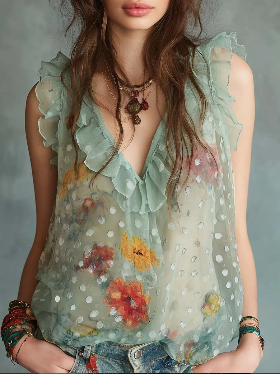 Boho Vintage Chiffon Ruffle Top