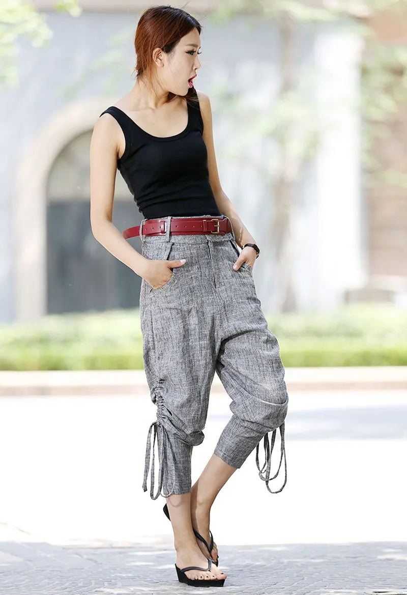 Grey Linen Trousers - Adjustable Wide Cuffs & Twin Pockets 1024