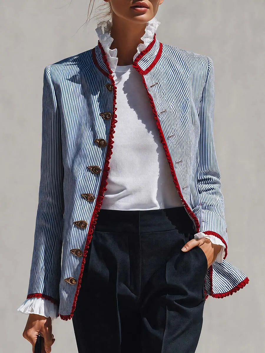 Elegant Vintage Ruffled Stand Collar Lace Trim Blue And White Striped Jacket