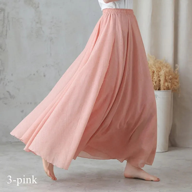 Boho Linen Maxi Skirt, Pleated Elastic Waist 