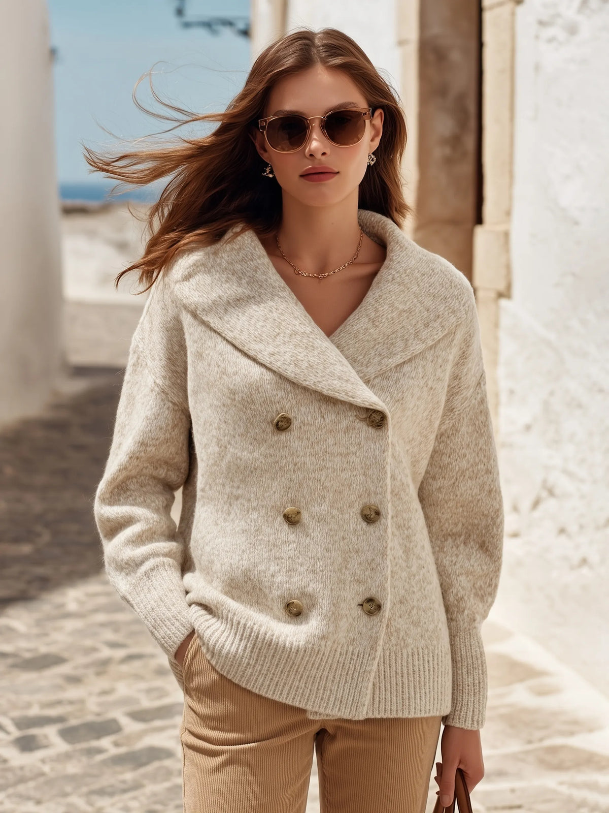 Old Money Resort Heather Oat Double Breasted Shawl Collar Knit Cardigan