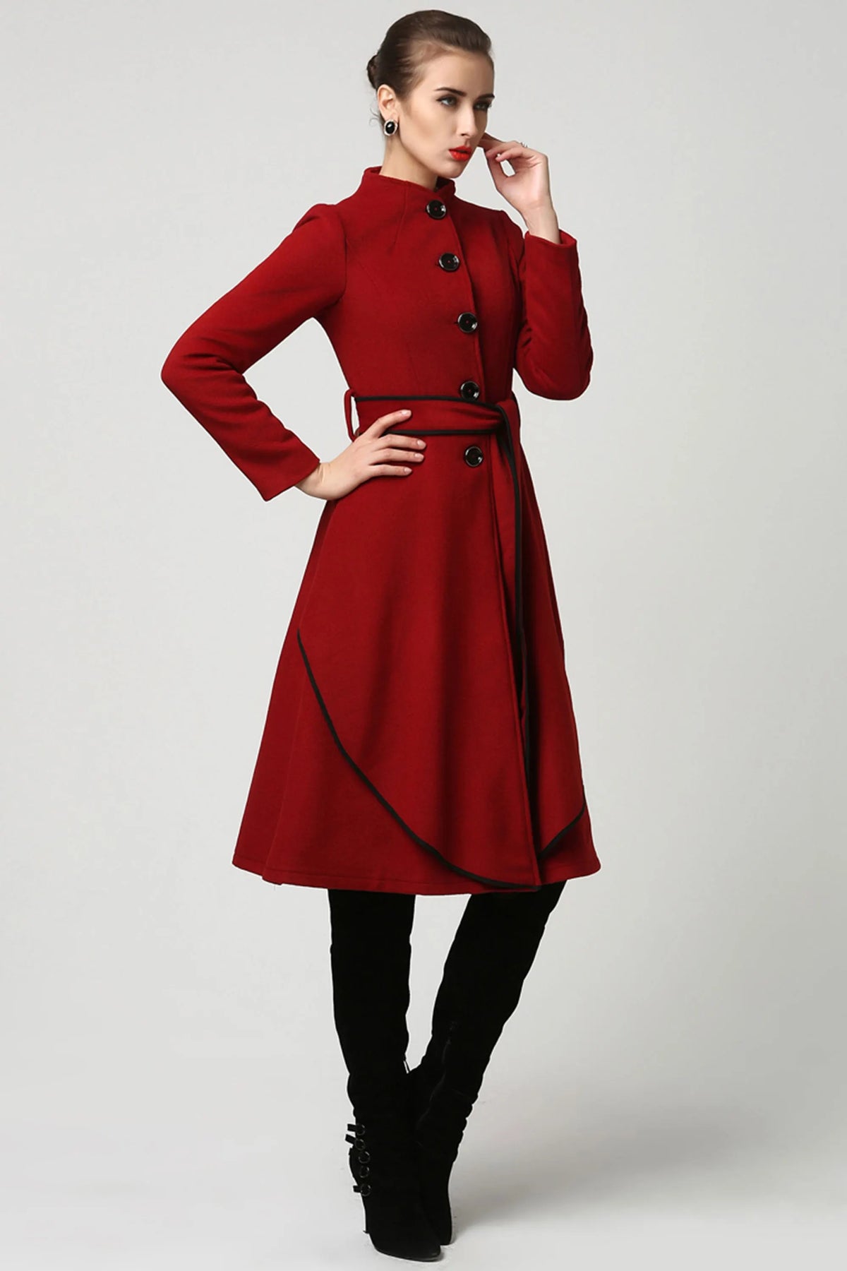 Red Wool Midi Coat – Belted Collarless Coat with Tulip Skirt Detail 1111