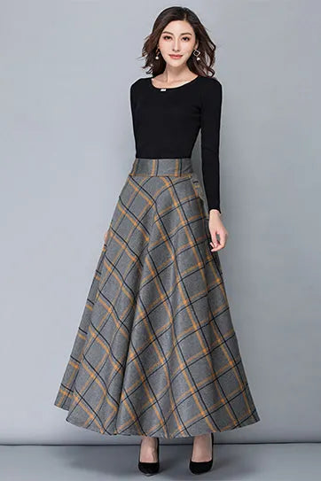 Plaid Wool Maxi Skirt - Ankle-Length with Stretch Waist 3914