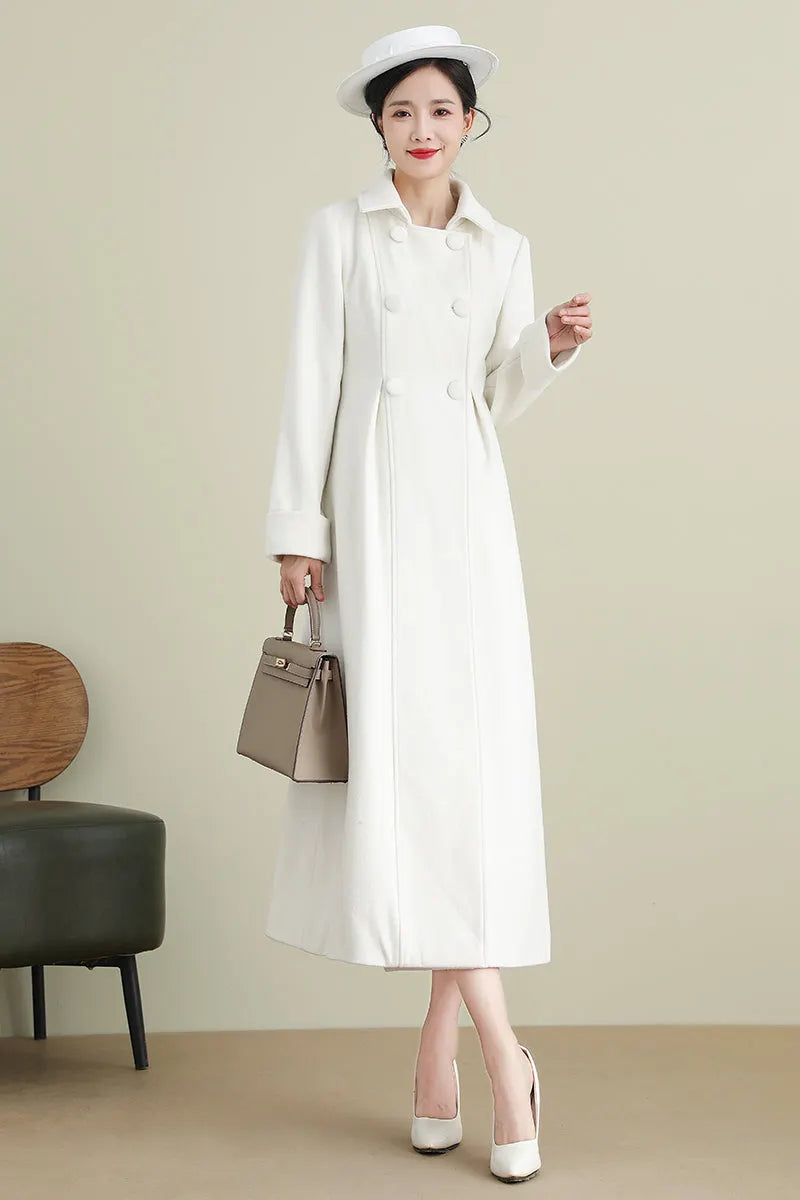 Xiaolizi White Long Wool Coat for Women – Handmade Double Breasted Winter Wedding Coat 3903