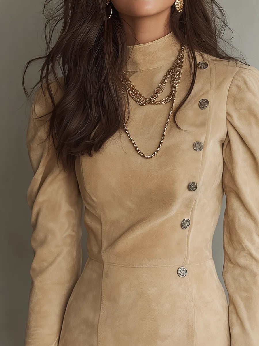 Refined Sand Beige Puff Sleeve Button Mini Dress