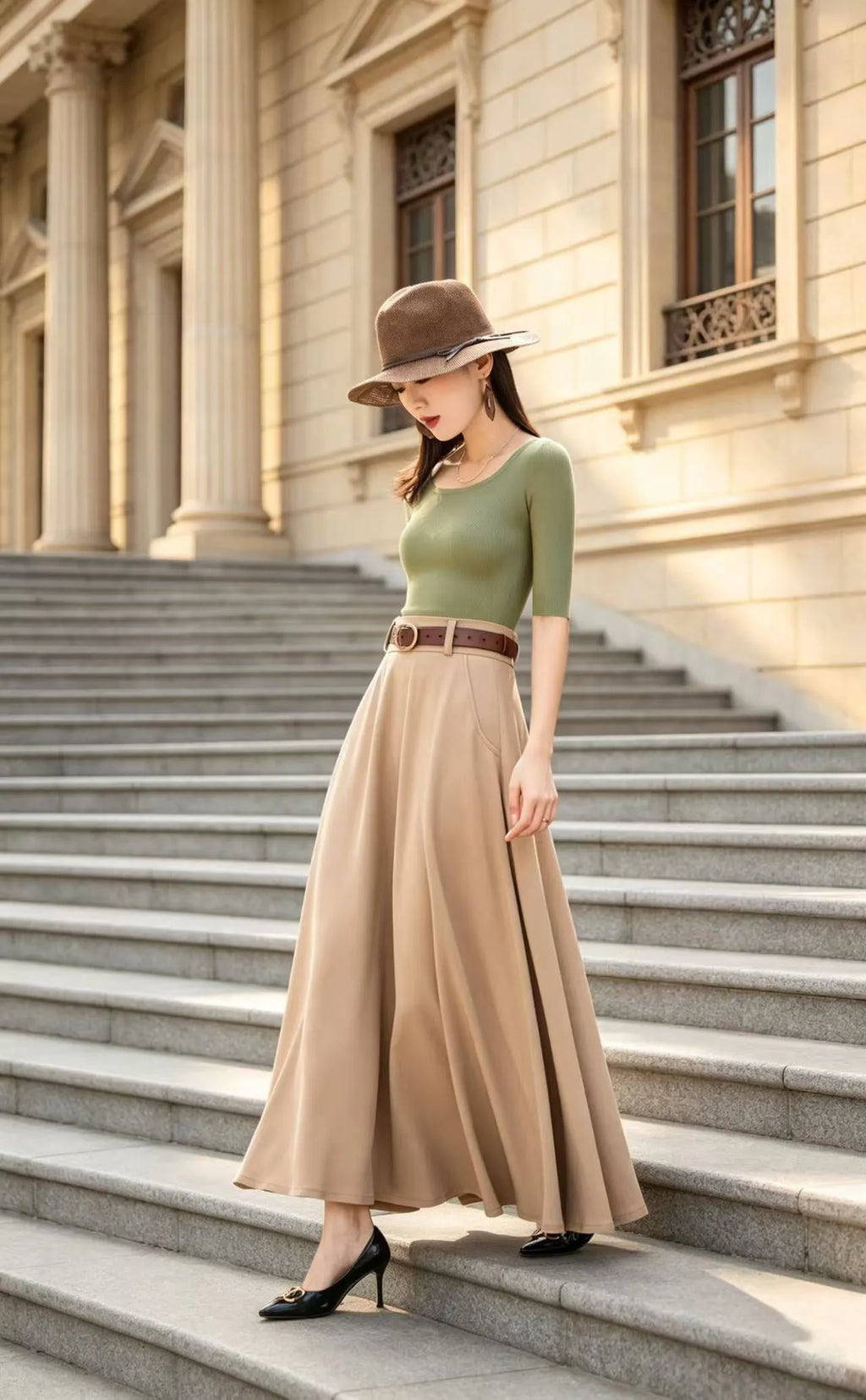 Khaki Cotton Blend Maxi Skirt - High-Waisted A-Line Swing Silhouette 6794