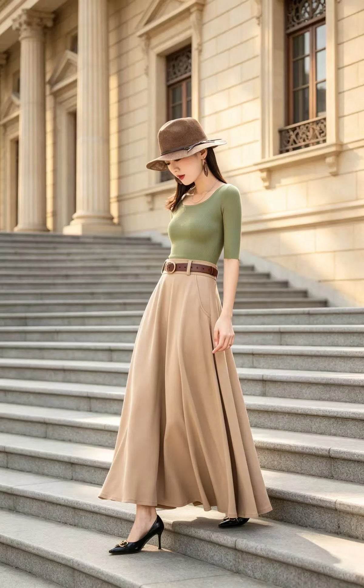 Khaki Cotton Blend Maxi Skirt - High-Waisted A-Line Swing Silhouette 6794