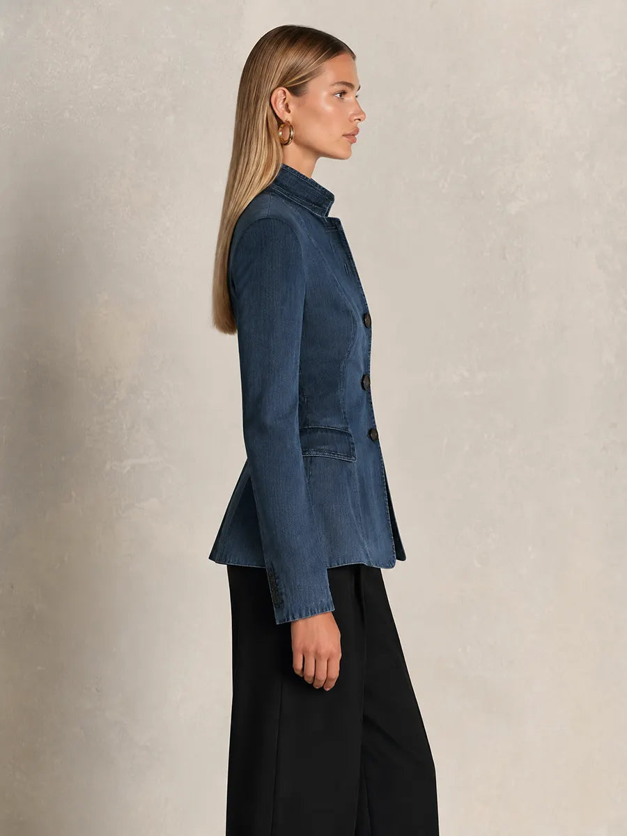 Indigo Stand Collar Denim Blazer Jacket