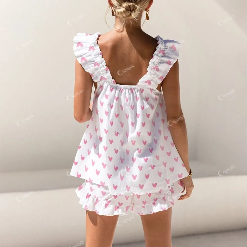 Colordate Sweetheart Dreams Pink Heart Print Short Tank Top Shorts Pajama Set