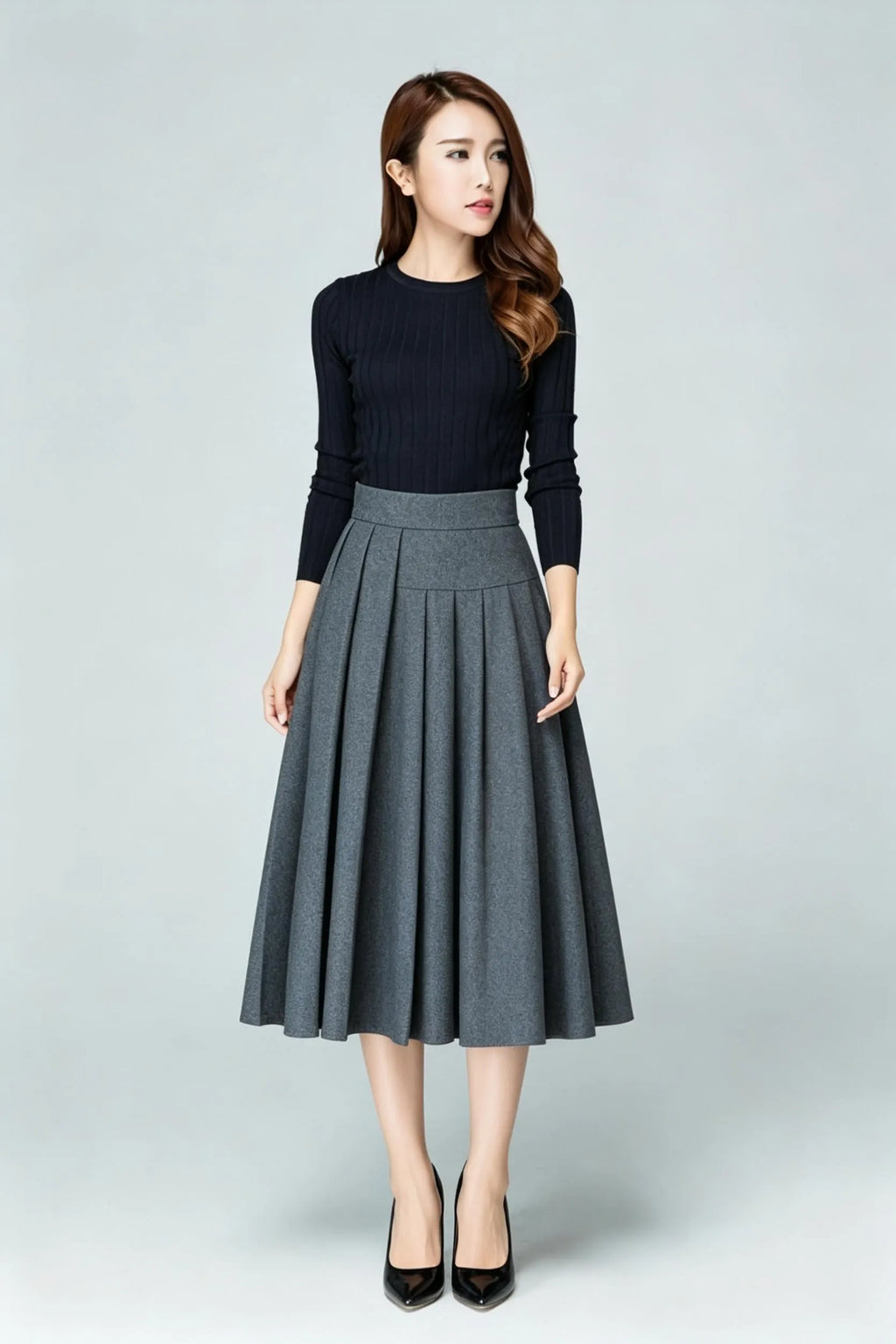 Gray Wool Blend A-Line Midi Skirt - High Waist Pleated Elegance 6926