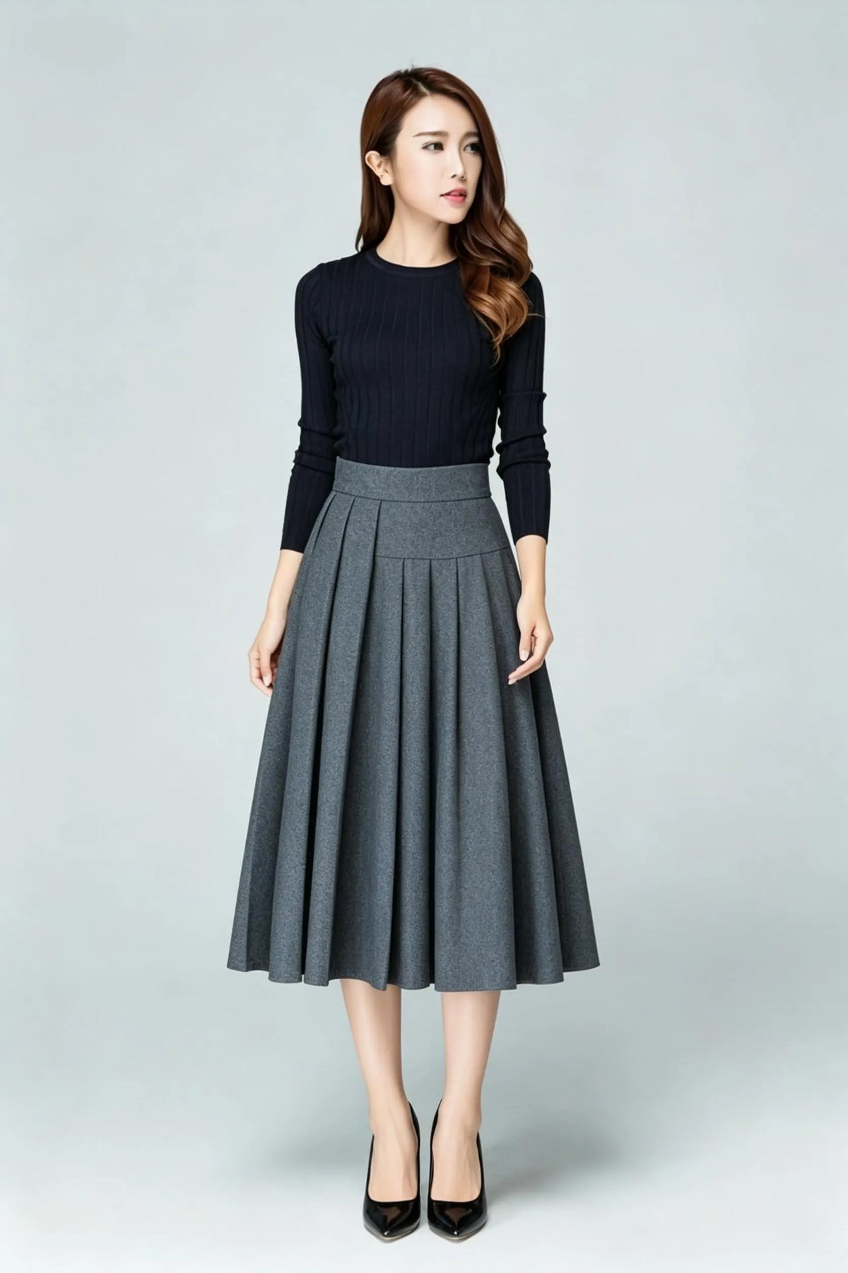 Gray Wool Blend A-Line Midi Skirt - High Waist Pleated Elegance 6926