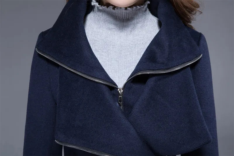 Navy Wool Coat - Asymmetrical Hem and Cowl Neck 1817