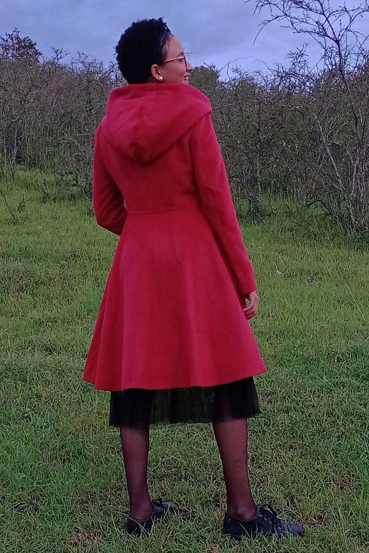 Red Wool Hooded Coat - Fit and Flare Swing Silhouette 3226