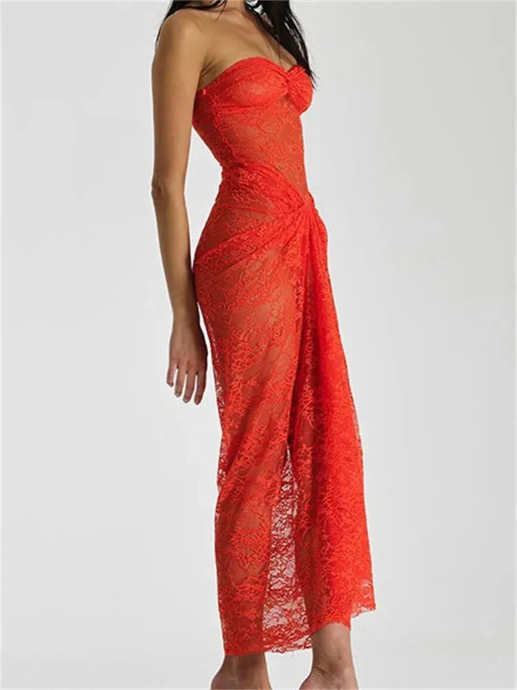 Lace Floral See Through Tube Summer Party Clubwear for Women Strapless Off Shoulder Ruched Push Up Vestido
