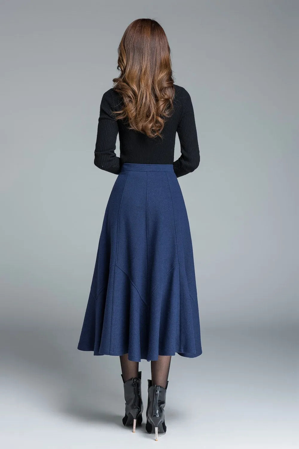Handmade Navy Blue Wool Skirt – Elegant Winter Maxi Flared Skirt 