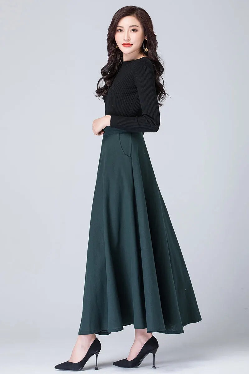 Dark Green Linen A-Line Maxi Skirt - High Waist with Side Pockets 4114