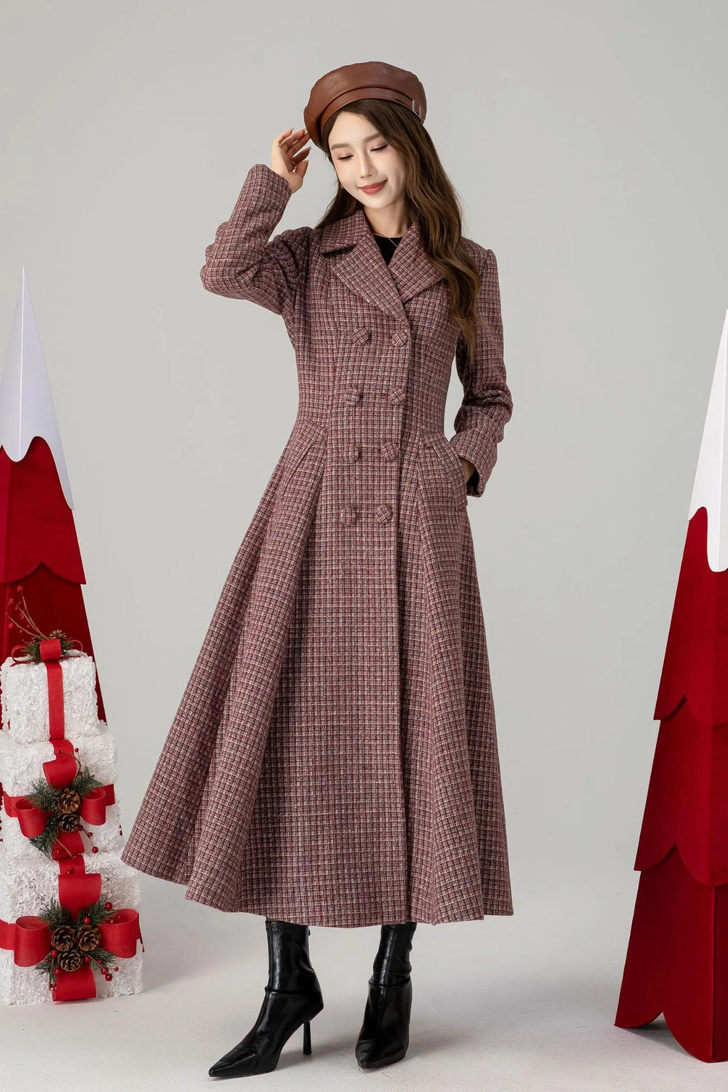 Plaid Wool Coat Maxi - Fit and Flare Double Breasted 4614