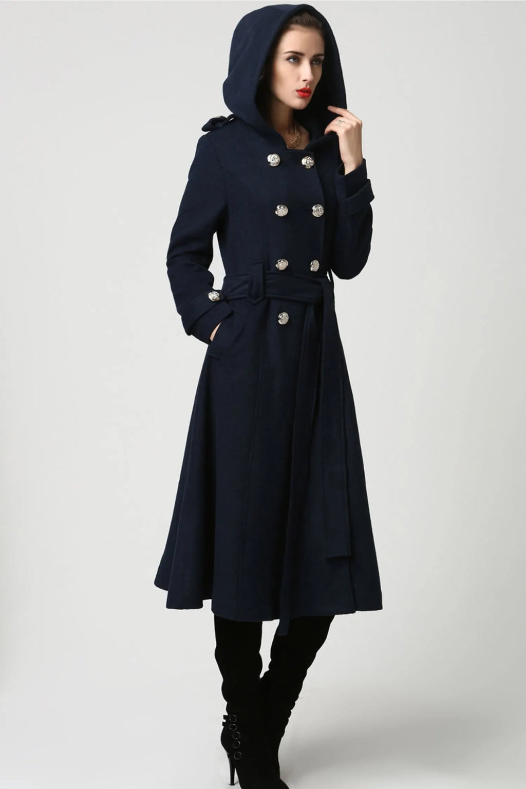 Long Wool Coat with Hood – Double Breasted Navy Blue Winter Coat with Self-Tie Belt  1114