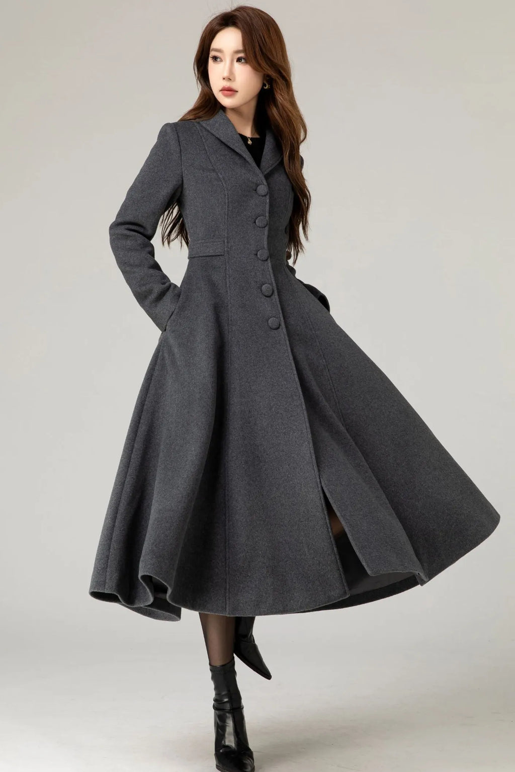 Handmade Charcoal Grey Wool Coat – Vintage Tailored A-line Long Winter Overcoat 
