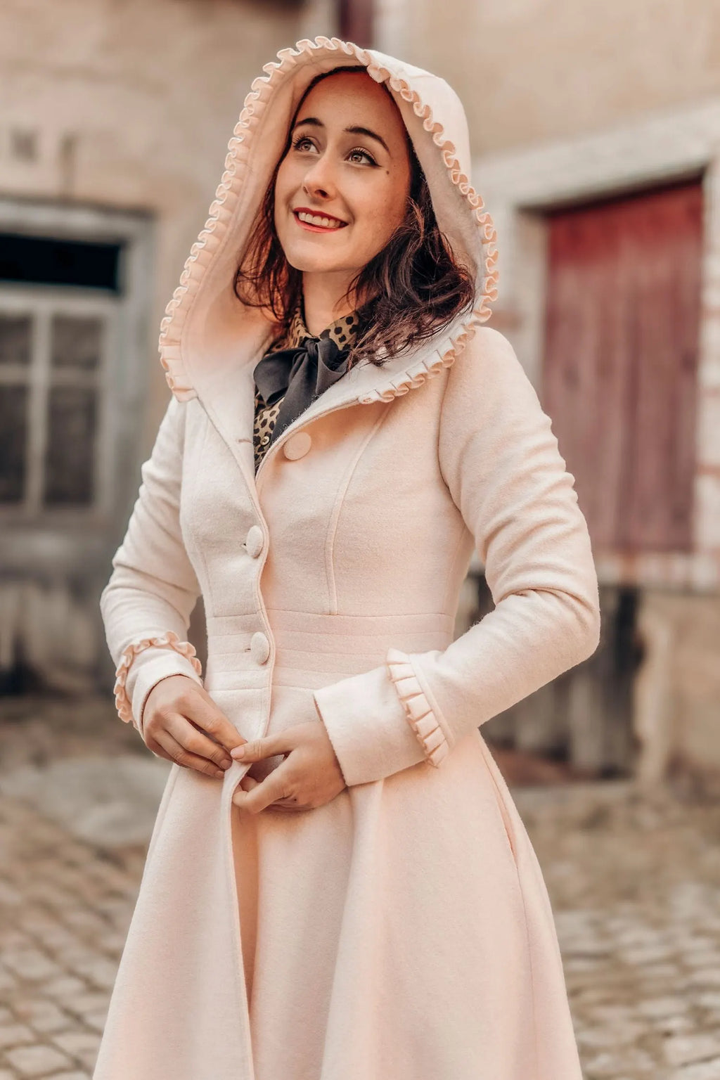 Handmade Pink Wool Coat – Hooded Fit & Flare Winter Swing Overcoat 