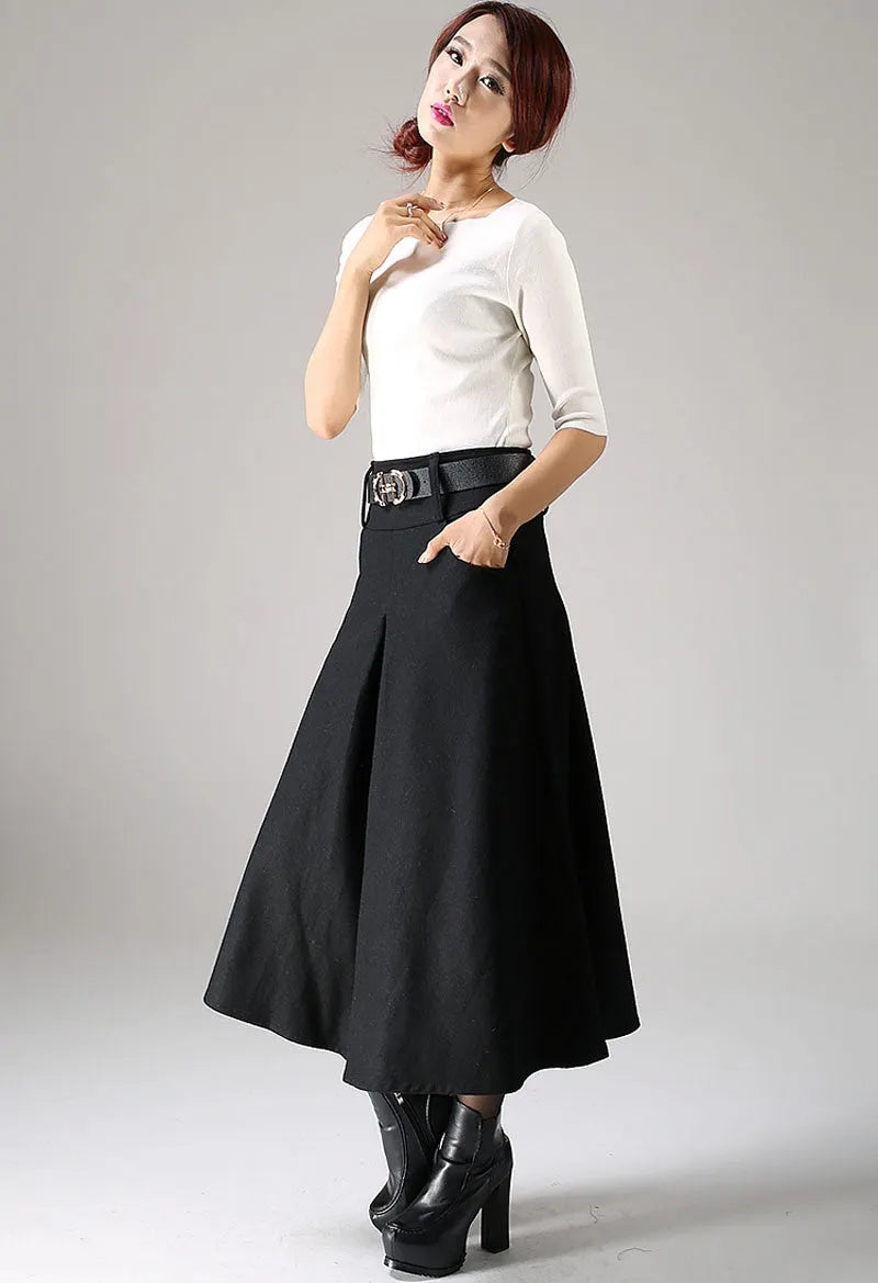 Black Wool Midi Skirt - High-Waisted A-Line Culotte with Belt 1084