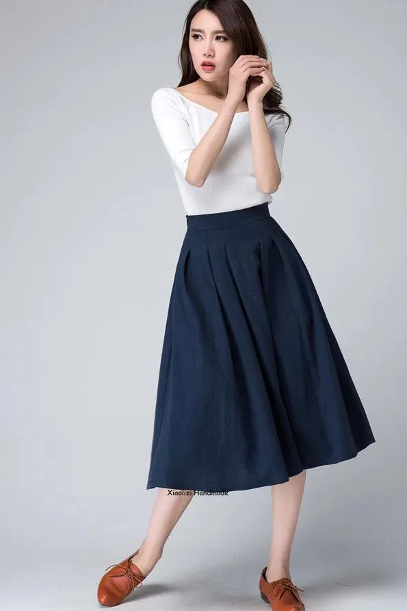 Elegant Navy Linen Midi Skirt – High-Waisted A-Line with Side Zipper 