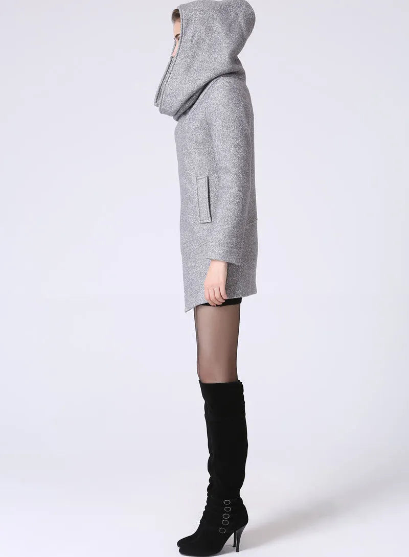 Women’s Gray Wool Blend Coat – Modern Asymmetrical Zip Hoodie Jacket 1060