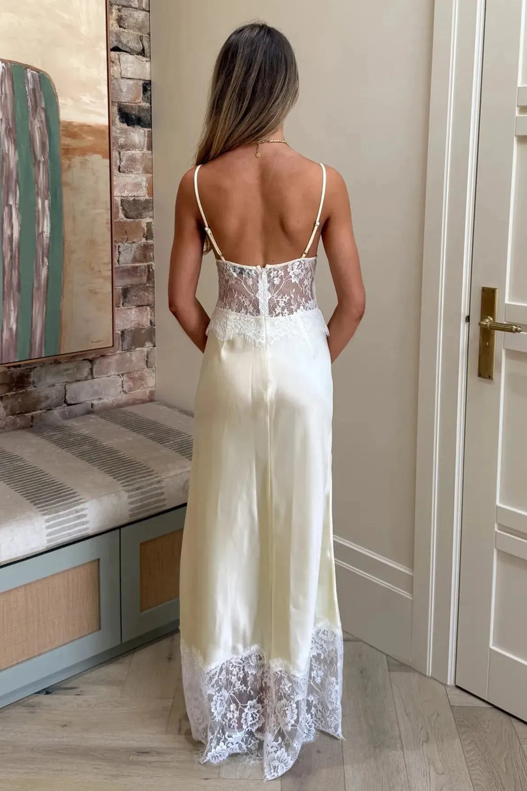 French Style Cream Lace Spliced Satin Camisole Maxi Dress