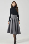 Handmade Deep Gray Wool Midi Skirt – Vintage V-Waist Circle Skirt for Winter Elegance 4534