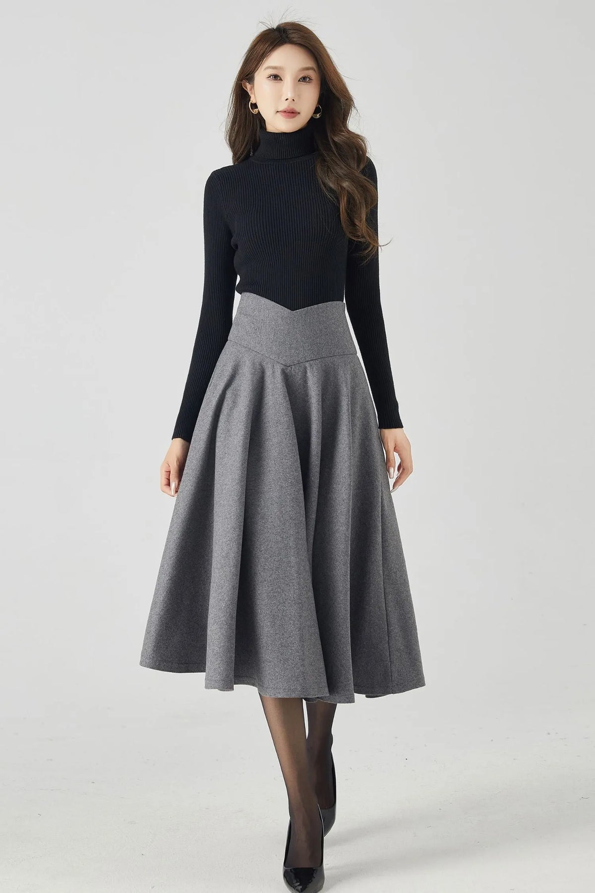 Handmade Deep Gray Wool Midi Skirt – Vintage V-Waist Circle Skirt for Winter Elegance 4534