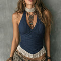 Deep Blue Halter Top With Ruched Design And Lace Hem For Women