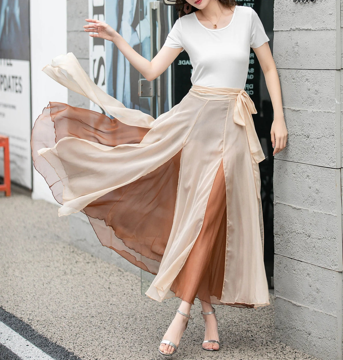 Apricot Chiffon Midi Wrap Skirt - Flowing Circle Silhouette 4277