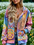Women's Vintage Hippie Peace Floral Embroidery Art Casual Zipper Hoodie