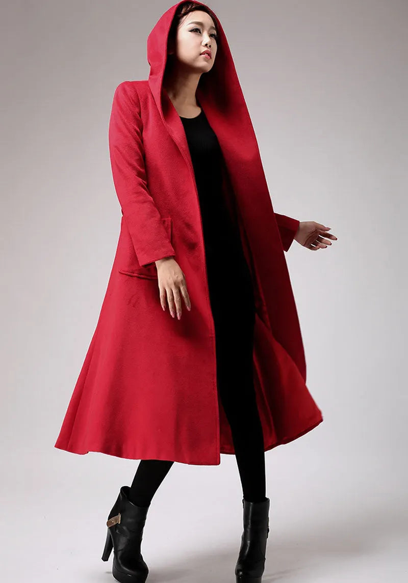 Vintage Wool Coat for Women – Handmade Red Hooded Swing A-Line Winter Coat 
