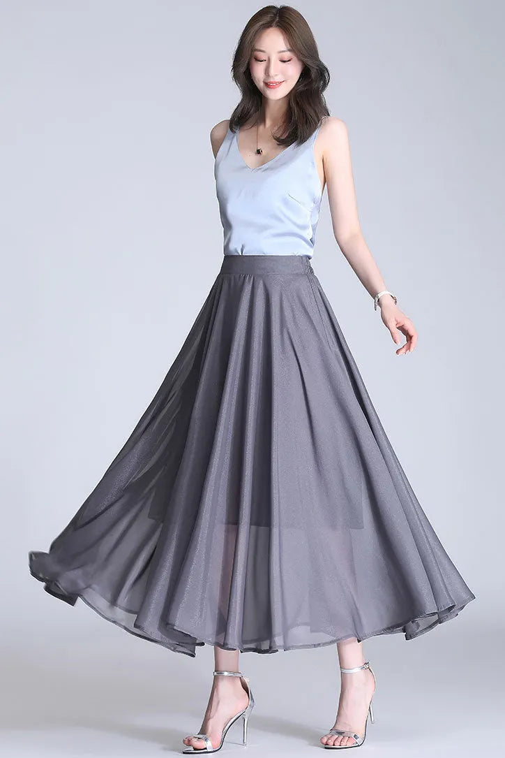 Emerald Green Chiffon Maxi Skirt - A-Line Silhouette, High Waist 3492