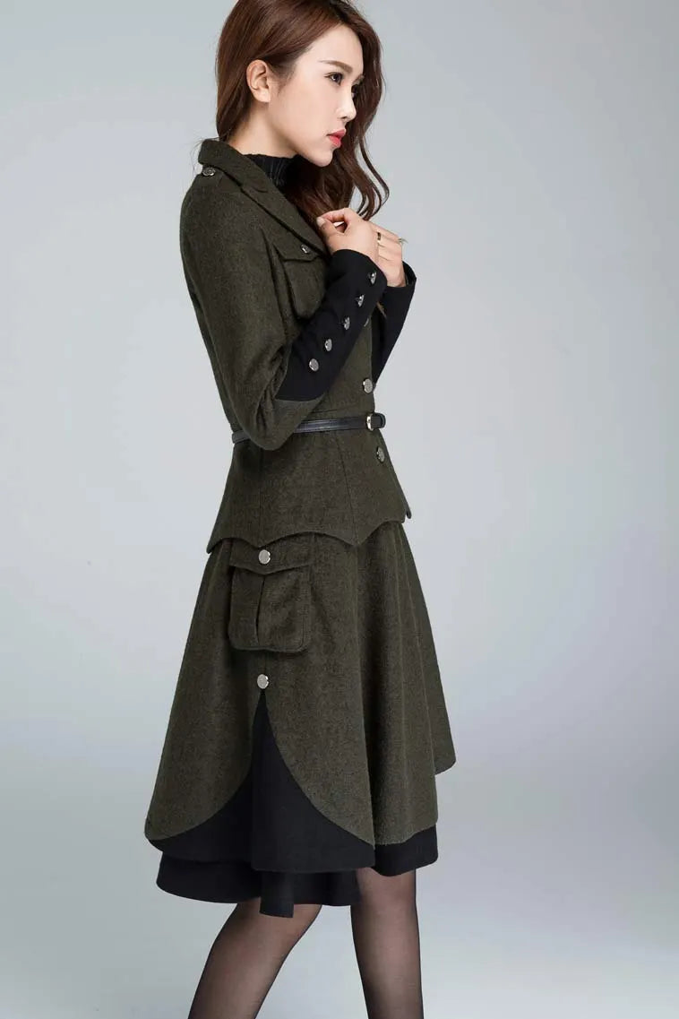 Army Green Wool Winter Coat - Relaxed Fit Button-Down Jacket 1628