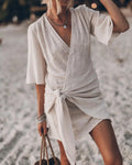 Casual Linen Cross Style V-neck Short-sleeved Dress