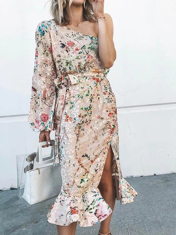 Printed Sloping Shoulder Slit Ruffle Dress
